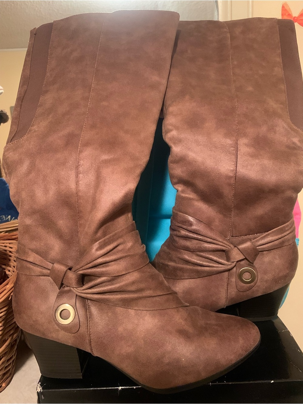 Kim Rogers Taupe Brown, “Ginny” Knee-High Heeled Boots with Knot Detail